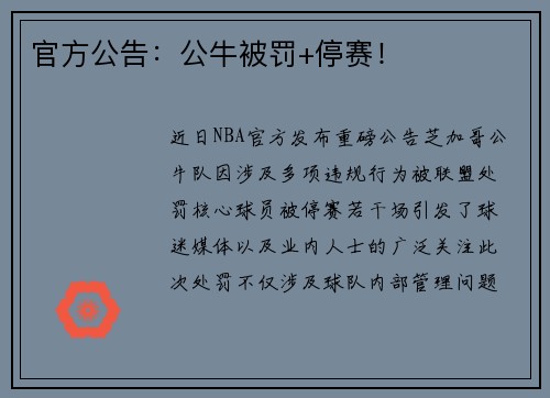 官方公告：公牛被罚+停赛！